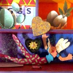 mixed media assemblage: old wood cabinet, wooden utensils, painted sticks, collage, acrylic paint, watercolor